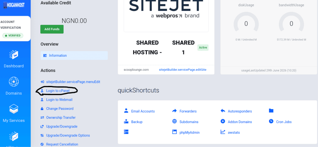 Hoganhost dashboard showing cpanel