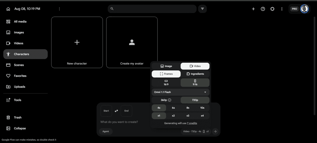 Google Flow Interface showing 4s timeframe